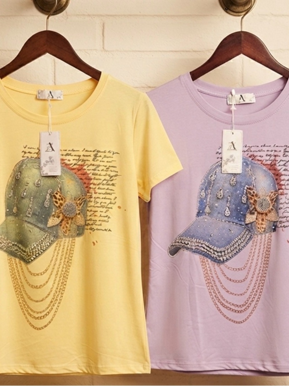 Women’s Decorative Baseball Cap Graphic Tee - Yellow